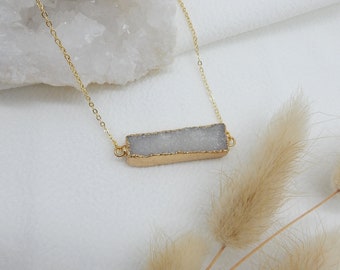 Gold Rectangle Agate Necklace | Gold White Natural Agate Necklace Crystal Necklace Long Necklace Quartz Necklace Necklace Quartz Crystal