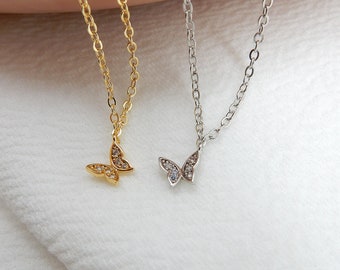 Gold Tiny Butterfly Cubic Zirconia Necklace | Dainty Necklace Diamond Butterfly Necklace Cubic Zirconia Dainty Necklace Layer for Women
