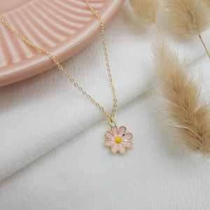Gold Pink Daisy Necklace: Floral Enamel Pendant, Botanical Charm