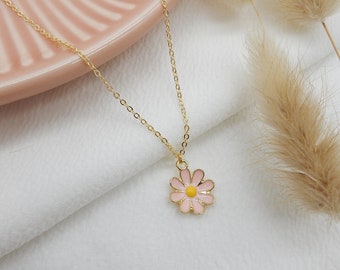 Gold Pink Daisy Flower Necklace | Floral Enamel Pendant Charm Botanical Necklace for Women Gold Layer Necklace Gifts for Her Short or Long