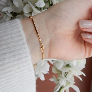 Gold Hammered Bar Bracelet Minimalist Adjustable Slider Bracelet for Women Gold Thin Bar Bracelet for Layering Simple and Cute Bracelet image 2