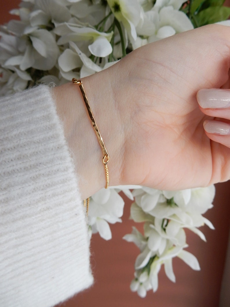 Gold Hammered Bar Bracelet Minimalist Adjustable Slider Bracelet for Women Gold Thin Bar Bracelet for Layering Simple and Cute Bracelet image 2