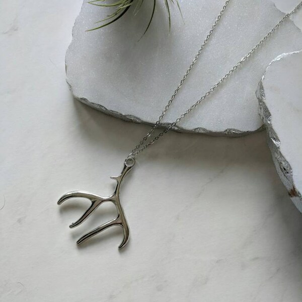 Silver Antler Necklace | Antler Jewelry | Long Necklace | Deer Necklace | Antler Pendant | Hunting Necklace | Silver Pendant Necklace | Deer