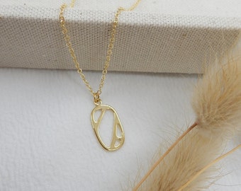 Gold Abstract Oval Pendant Necklace | Minimalist Abstract Gold Bar Charm Necklace Dainty Layering Necklace Simple Gold Necklace Gift for Her