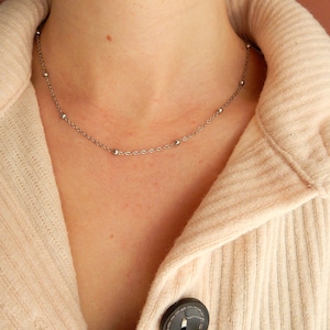 Silver Beaded Chain Choker: Rhodium Plated Brass, 16 inch