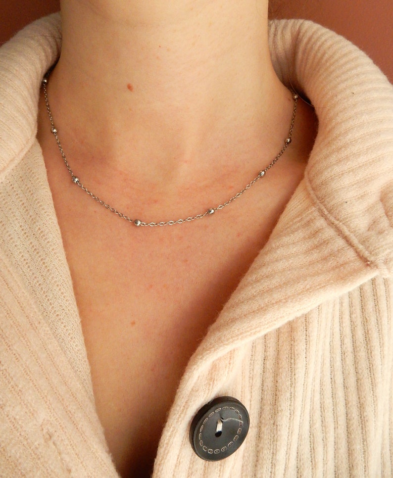 Silver Beaded Chain Necklace Layering Choker Dainty Silver Chain Choker Necklace Layering Necklace Minimal Necklace Chain Necklace image 1