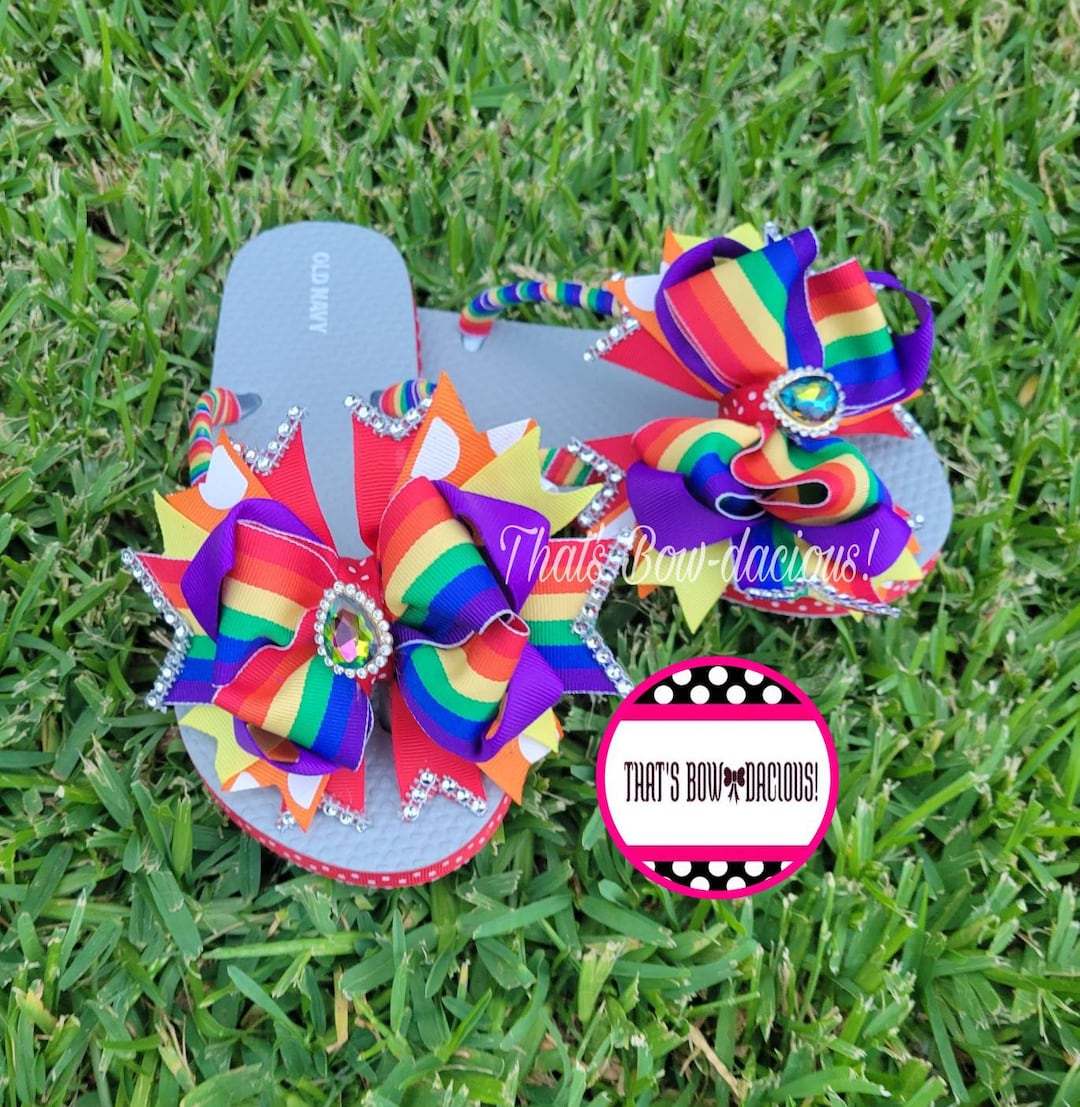 Rainbow Flip Flops Rainbow Hair Bows Colorful Flip Flop Summer Bows Etsy