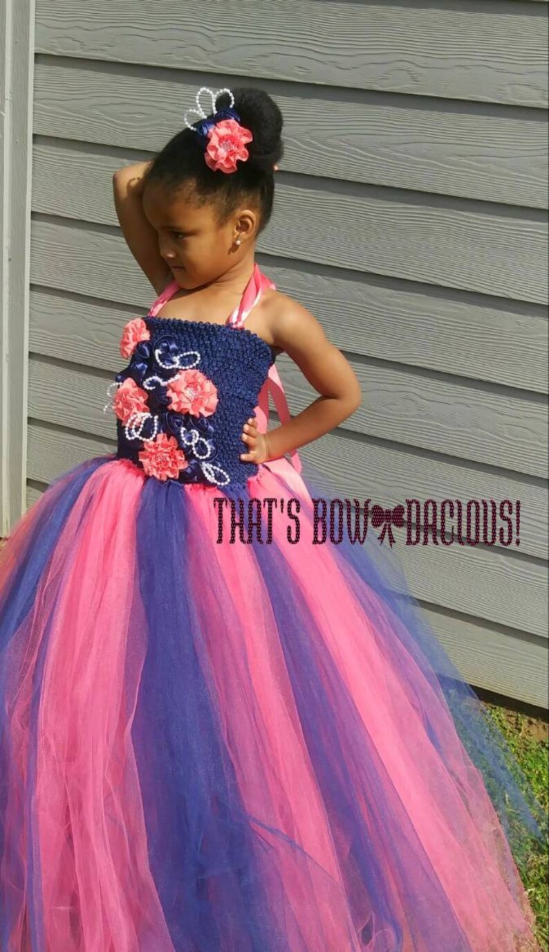 navy blue and coral flower girl dresses