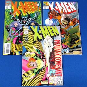 May include: Three Marvel Comics X-Men comic books featuring colorful graphic illustrations on the covers. The issues include number 31 titled Revelations, number 33, and number 37 titled Phalanx Covenant Generation Next Part 1, all displaying dynamic superhero characters in action poses.