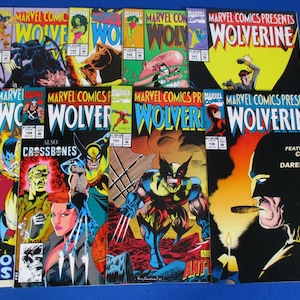 May include: A collection of nine Marvel Comics Presents Wolverine comic books featuring various cover illustrations, including issues 121, 124, 126, 127, 128, 129, 131, 136, and others, showcasing colorful graphic art and bold typography.