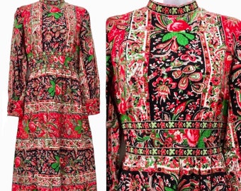 Vintage Flower Power Lavacloth Barkcloth Psychedelic Maxi Midi Hostess Gown with Embroidery 60’s 70’s  Boho Hippie Dress 1960s 1970s