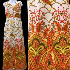 Vintage Psychedelic Tiki Novelty Print 1960’s 1970’s Barkcloth Hostess Maxi Dress Fish Scales by Hawaiian Surf Paisleys Tropical 60s 70s