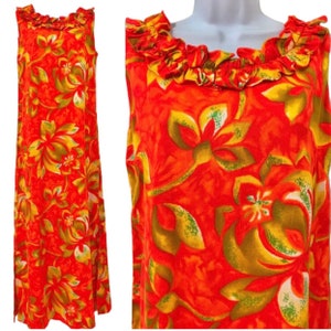 Vintage Psychedelic Hawaiian Dress 1960’s 1970’s Ruffle Lei Tiki Tropical Barkcloth Day Glo Glow 60s 70s Mod Maxi Pua Lani Ke Ano Fashions