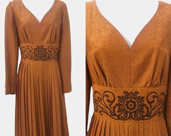 Vintage Copper 70’s Alfred Shaheen Lurex Dress with Accordion Pleats 1970’s Cocktail Disco Party Hawaii Hostess Gown Metallic XL Hawaiian
