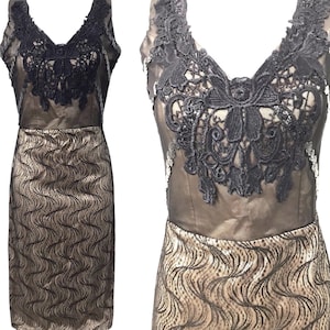 Vintage Y2K 00’s Black Lace Mesh Sequins Maximalist Illusion Mini Bodycon Shapewear Bandage Dress Cocktail Little Black Dress LBD