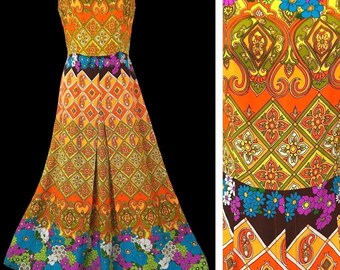 Vintage Psychedelic Tiki Hawaiian Maxi Dress - Ja-Na of Hawaii Border Print 1960’s 1970’s 60s 70s Day Glo Glow Hostess Jumpsuit Style Gown