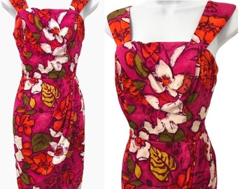 Rarer Vintage 1950s Hawaiian Tiki Sarong Cocktail Wiggle Wrap Dress Midcentury Aloha Tropical 50s 60s by Paradise Hawaii
