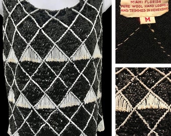 Vintage 1960’s Sequin Fringe Shimmy Sweater Top Hong Kong Beaded Fishnet Mod Blouse Tank Swinging 60s Florida label Like Gene Shelly Wool