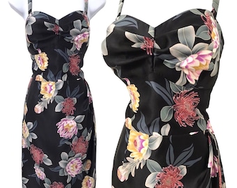 Vintage Hawaiian Sarong Dress in Black Tropical Florals by Paradise Hawaii 1960’s 1970’s does 1950’s Goth Tiki Rockabilly