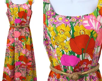 Vintage Psychedelic Mod Flower Power Maxi Dress 1960’s 1970’s Garden Party Hostess Gown Tanner Poppy Floral 60’s 70’s Hawaiian Tiki Luau