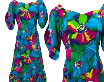 Vintage Psychedelic Hawaiian Mermaid Dress - Tiki Party Showstopper! 1960’s 1970’s Made in Hawaii Holomuu Hostess Pinup Cha-Cha Day Glo Gown