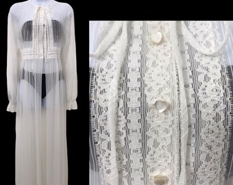 Vintage 1970-tals Edwardiansk inspirerad öppen framsida Pegnoir-underkläder Loungewear 70-tals nattlinne Transparent vit spetsoverall Le Voy’s Luxury Intimates