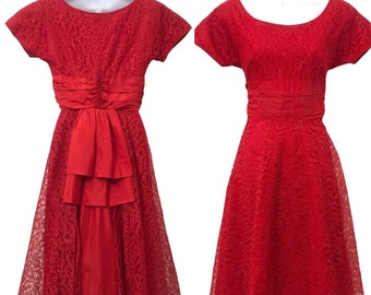 Vintage 1950’s Red Lace Midcentury New Look Circle Skirt Swing Fit n Flare Cupcake Dress by Gay Gibson Cocktail Prom Gown with Bustle