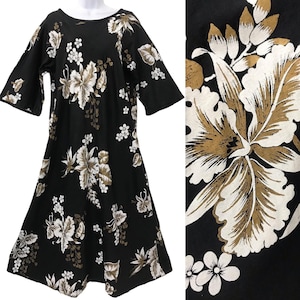 Vintage Hawaiian Tiki Dress XL 1950’s 1960’s Gold Metallic Floral Print Dress Midcentury 60s Long Sleeve Aloha Midi Mumu by Paradise Hawaii