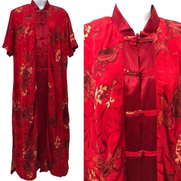 Vintage Plus Size Teatimer Hawaiian Cheongsam Chinese Asian Chinoiserie Hostess Dress 48” chest 80’s 90’s does 40’s 50’s Tea Timer Tunic