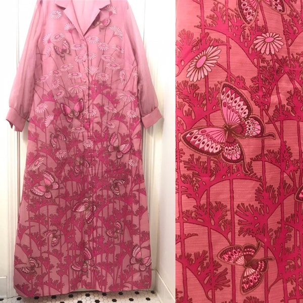 RESERVED___FOR__LEAH__ONLY___Alfred Shaheen butterfly dress novelty floral Hawaiian Tiki Aloha Mandarin flora fauna pink dress 70s 60s XL