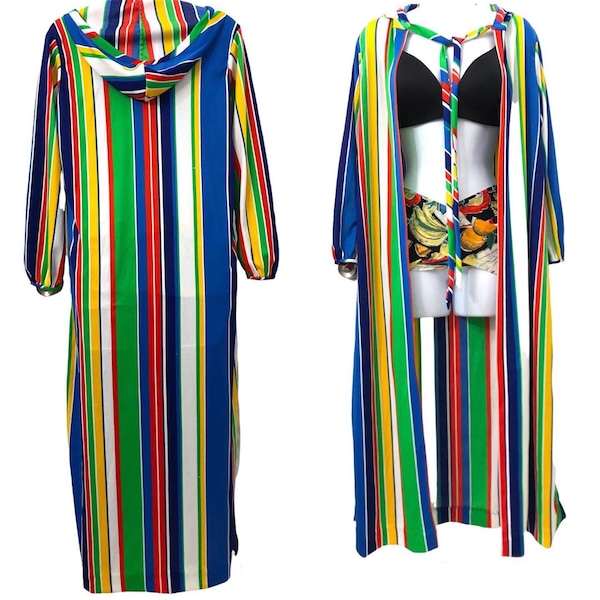 Vintage Nautical Rainbow Striped 1970s Hooded Cabana Duster 1970’s Hood Jacket Loungewear Peignoir 70’s Does 1930’s 1940’s Little Edie Style