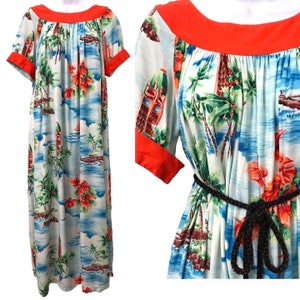 Vintage 1950’s Rayon Hawaiian Dress Made in Hawaii Early Tiki Tropical Japanese Kimono Print Aloha Mumu Hostess Gown One Size