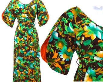 Vintage Psychedelic Hawaiian Kimono Inspired Bell Sleeve Tiki Maxi Wrap Dress by Ja-Na of Hawaii 1960’s 1970’s 60s 70s Hostess Gown