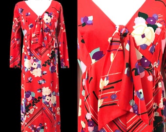 Vintage Mr Bob of California 1960’s 1970’s Graphic Psychedelic Florals Coral Red Hostess Mod Flower Power Jersey Maxi Dress 60s 70s