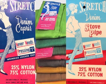 DEADSTOCK Vintage 24” 25” 26” waist 1950’s 1960’s High Rise Side Zip Jeans Stovepipe / Cigarette Capri Pants in Stretch Colored Denim NOS