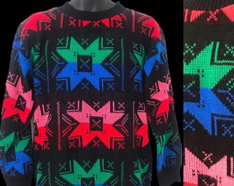 Vintage Rainbow Novelty Sweater Knit Intarsia 80’s Pride Color Wheel Kaleidoscope Snowflake Sweater 1980’s Kitsch