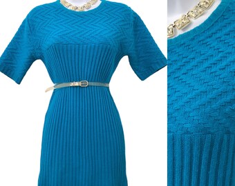 Vintage Turquoise 1960’s Midcentury Orlon Sweater Knit 60’s Knitwear Wiggle Dress by Sears Roebuck Co.