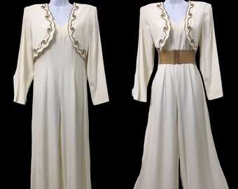 Vintage Rayon Beach Pajamas Palazzo Jumpsuit 1970’s does Deco by Diamond’s Run w Faux Bolero White Party Gold Wayne Diamond Designer Pants