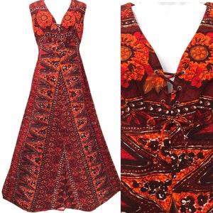 Vintage Waltah Clarke’s Hawaiian Shop 1970er Tiki Barktuch Tapa Print Hostess Maxi Kleid Maxi Kleid 70er Jahre Textilkunst Polynesier