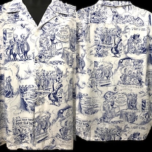 Zeldzame vintage nieuwigheid print cartoon kitsch muziek americana barbershop kwartet groot blauw herenshirt XXL GVH Hawaiiaanse stof cartoon stripboek