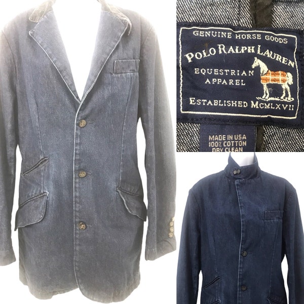 Vintage Polo Ralph Lauren Equestrian Dark Rinse Vintage Denim Blazer Sportcoat Early 1990’s 90’s Jean Jacket RRL RL