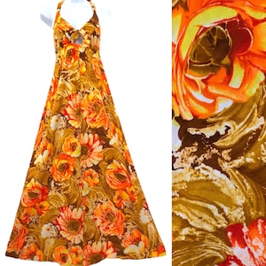 Vintage Tiki Psychedelic Day Glo Hawaiian Barkcloth Halter Maxi Dress Tropical Floral Glow Hawaii Orange Hawaiiana 1960s 1970s Mod 60’s 70’s