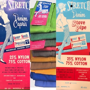 DEADSTOCK Vintage 24” 25” 26” waist 1950’s 1960’s High Rise Side Zip Jeans Stovepipe / Cigarette Capri Pants in Stretch Colored Denim NOS