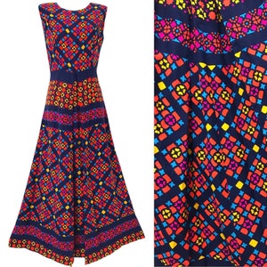 Vintage 1960’s 1970’s Psychedelic Hawaiian Tiki Maxi Day Glo Dress by Ja-Na Hawaii Neon Geometric Border Print Glow Illusion Jumpsuit Style