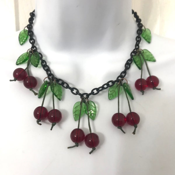 FAUX Prystal Bakelite Cherries Wartime Vintage Reproduction Fakelite Cherry Juice STYLE Necklace Earrings Set Made by Me