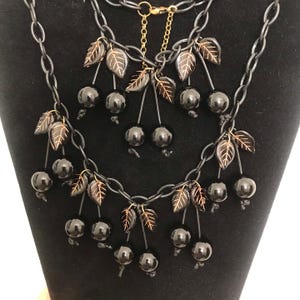 Retro Novelty Cherries Necklace in Black Made by Me with Czech Glass - Deco Inspired Artisan Faux Bakelite Vintage Reproduction Cherry