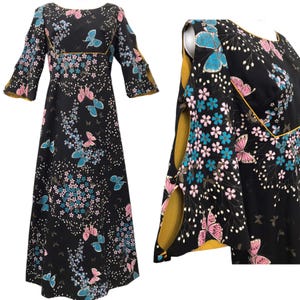 Vintage Alfred Shaheen Kimono Style Hawaiian Hostess Maxi Pake Dress Butterfly Novelty Print Cold Shoulder Peekaboo Sleeves 1960’s 1970’s