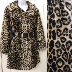Vintage 1960’s Faux Fur Leopard Ocelot Belted Coat Animal Print with Removable Belt 60’s Mod Glam