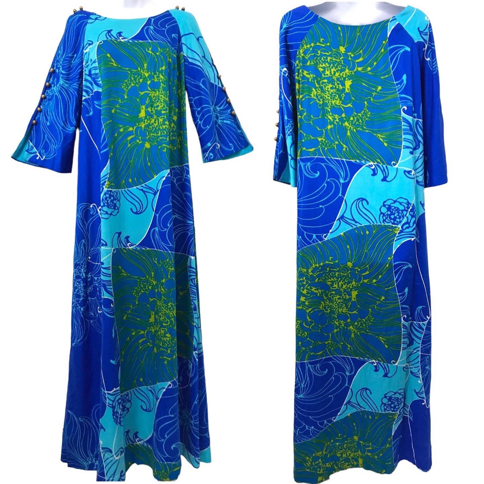 Vintage Psychedelic Hawaiian Tiki Caftan Hostess 60s Mod 70s Maxi Dress ...