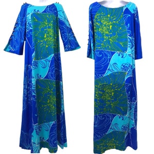 Vintage Psychedelic Hawaiian Tiki Caftan Hostess 60s Mod 70s Maxi Dress ...
